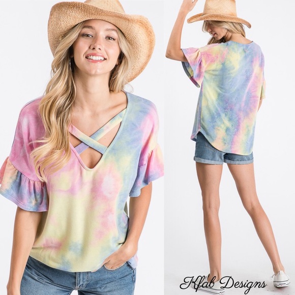❤️LAST 1! Criss Cross Tie Dye Flutter Sleeve Top! - Picture 6 of 7